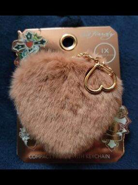 Ed Hardy Fluffy Faux Fur Heart Compact Mirror with Keychain/Purse Charm